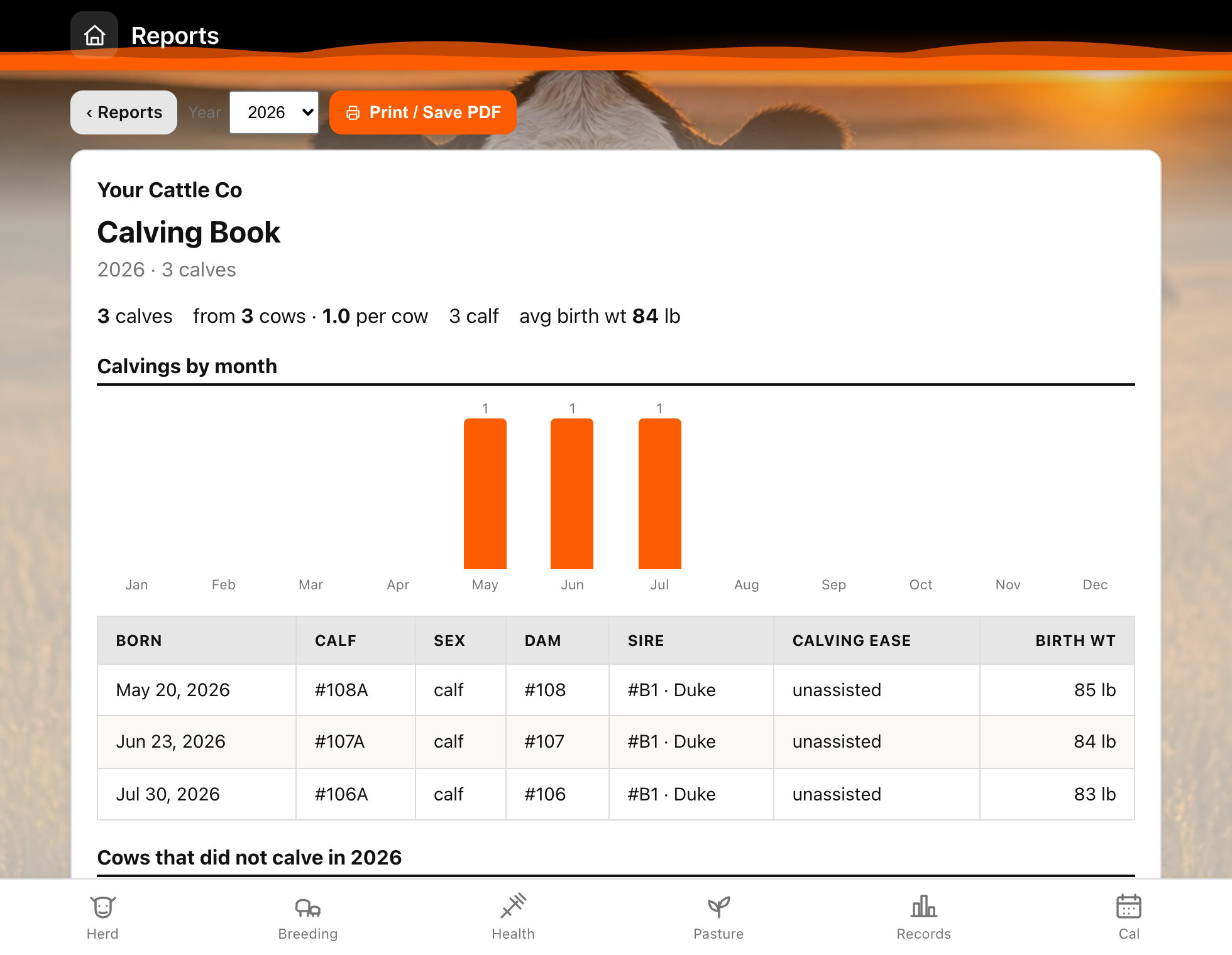 Pasture Tally Calving Book report with calving-by-month chart