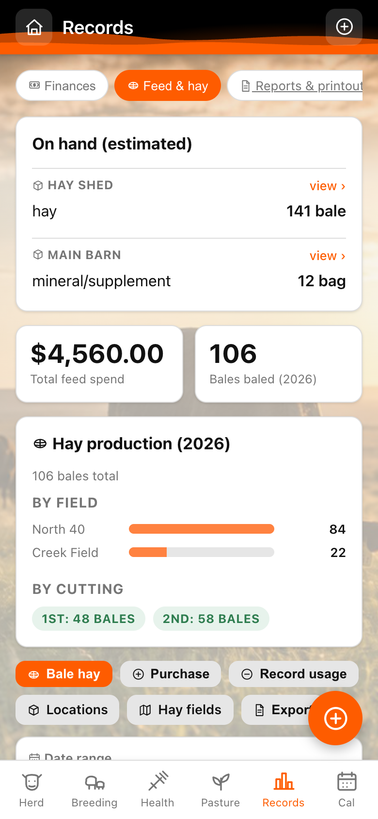 Pasture Tally feed and hay on-hand inventory grouped by storage location with hay production breakdown