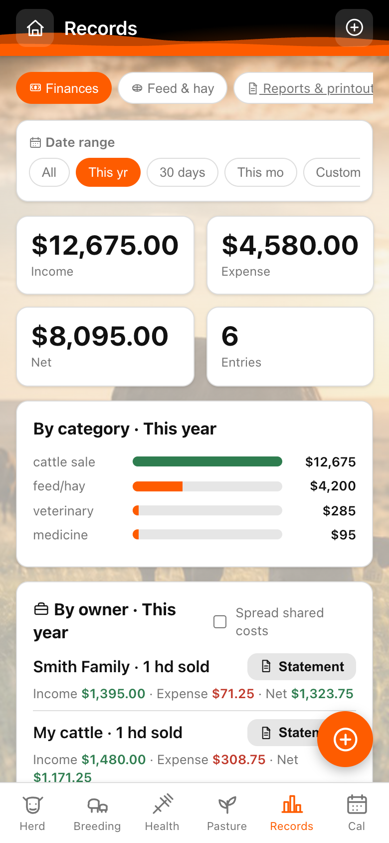 Pasture Tally finances showing income and expenses by category and per-owner statements