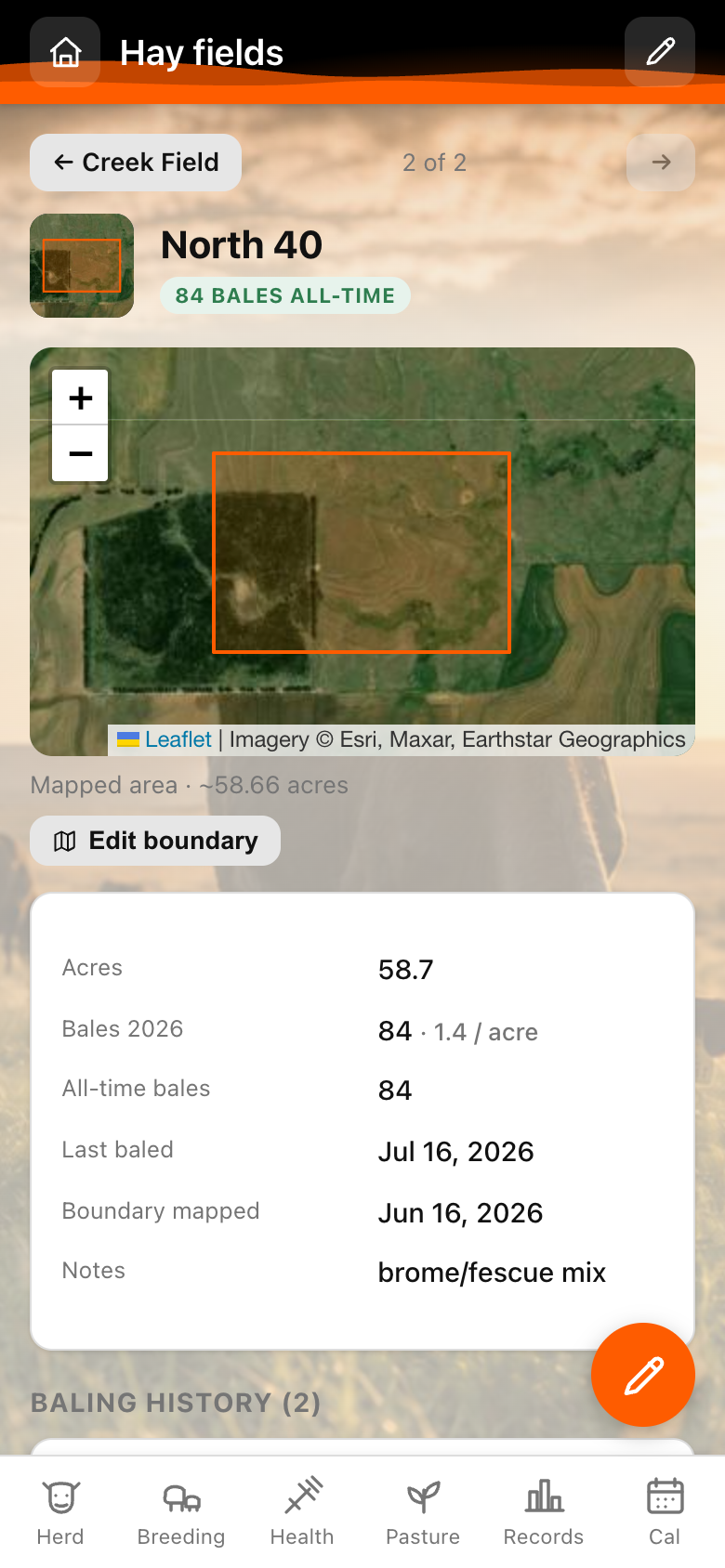 Pasture Tally hay field mapped on satellite with acreage, bales, and yield per acre