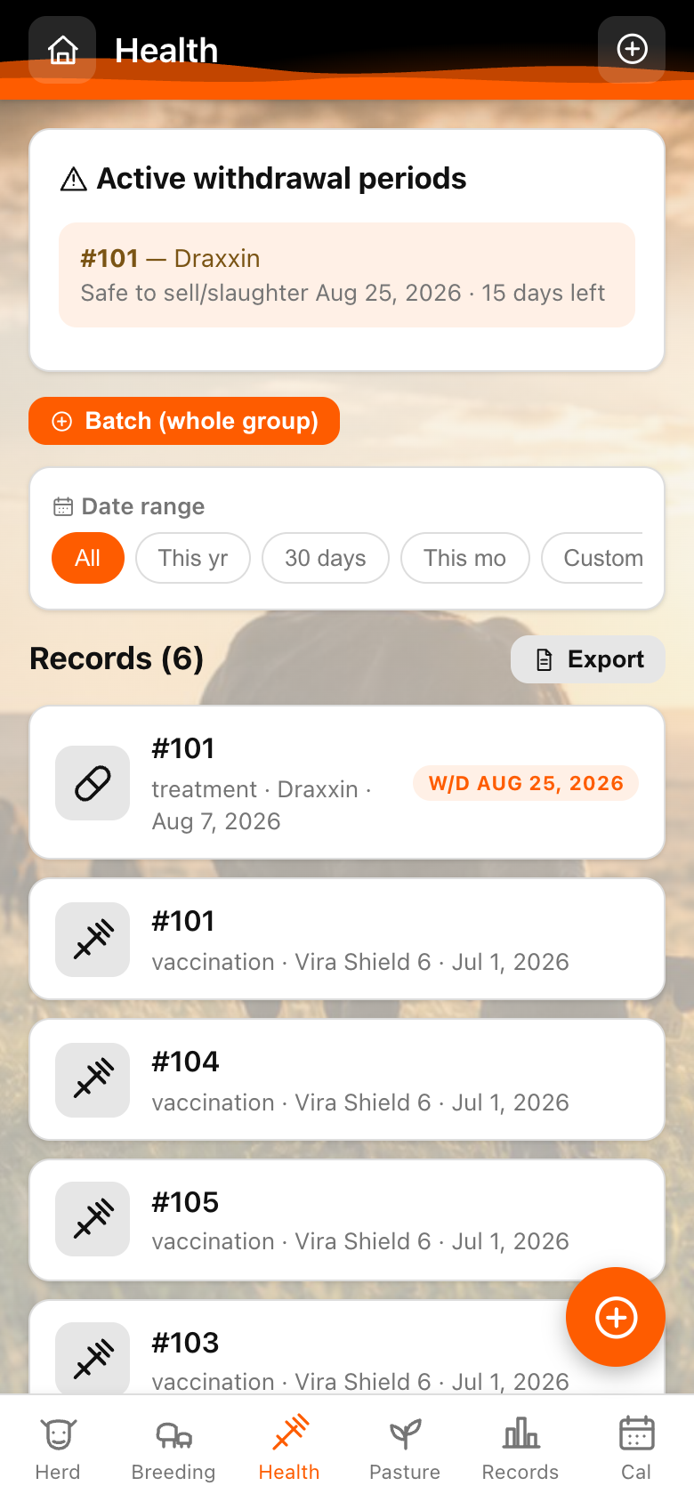 Pasture Tally health log with an active drug-withdrawal alert