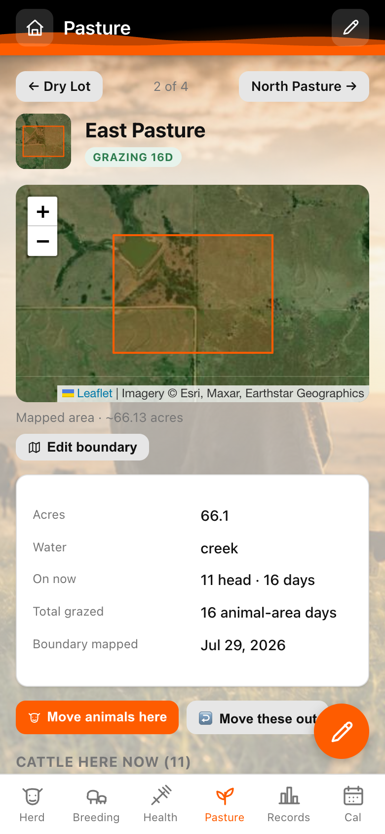 Pasture Tally East Pasture mapped on satellite imagery with auto acreage