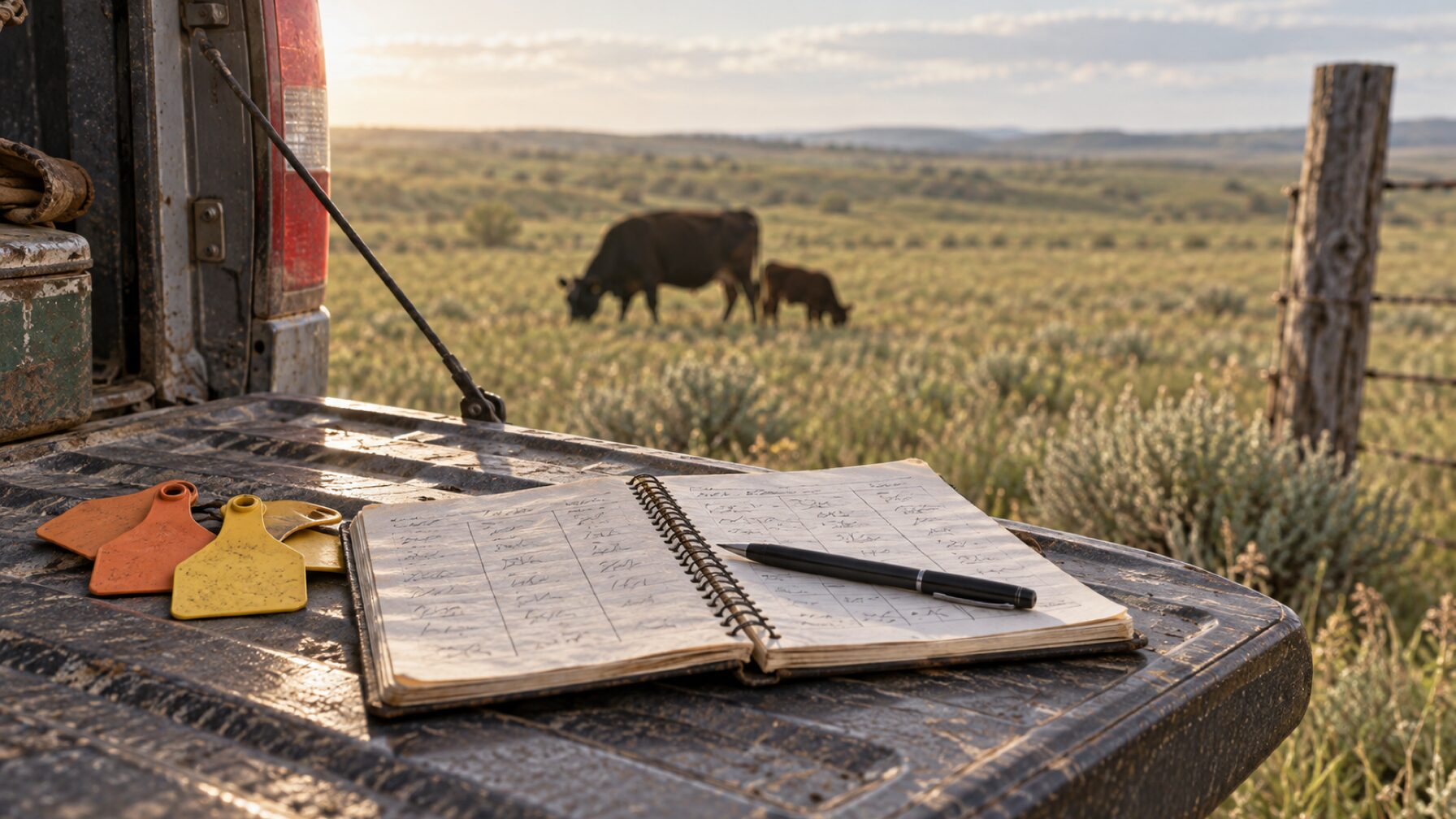 Open notebook and loose ear tags on a truck tailgate at morning, with a cow-calf pair grazing in soft focus behind a wood fence post