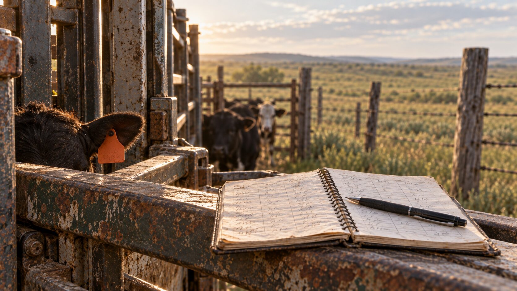 Cattle head-catch chute at morning with a small notebook and pen resting on the top steel rail, a calf’s head visible in the catch with one ear tag showing, and more cattle waiting their turn in soft focus behind