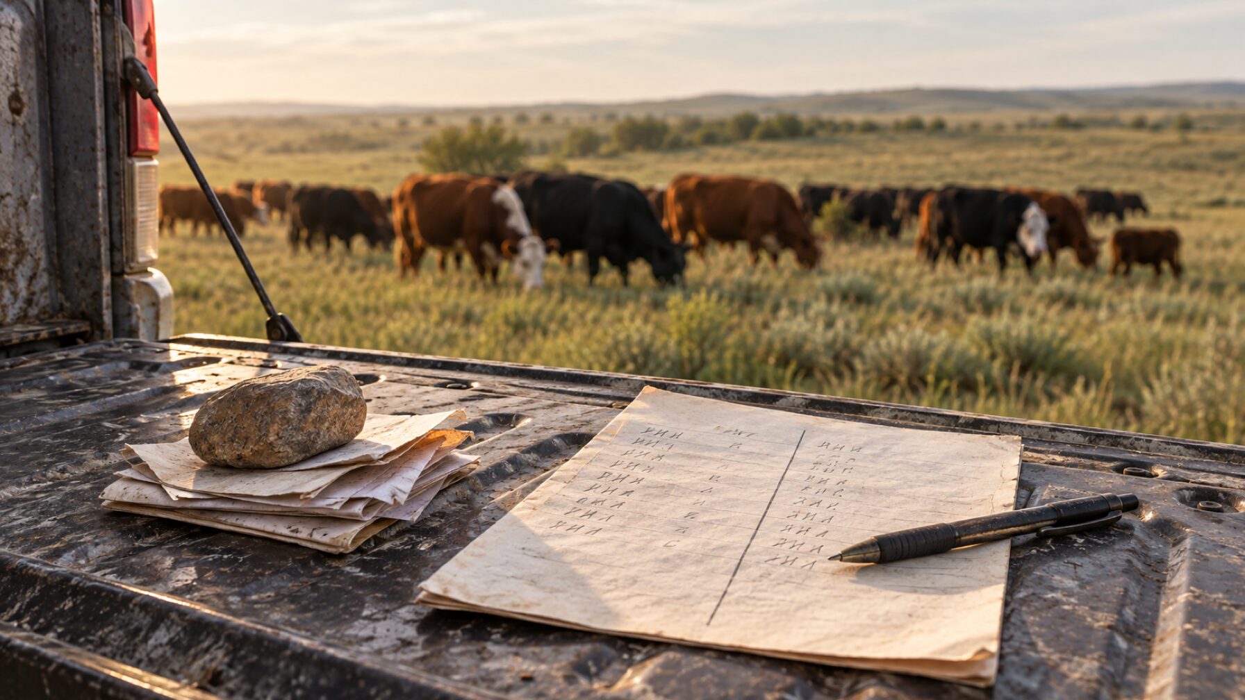 Folded receipts under a rock and a two-column hand-tally sheet on a truck tailgate at morning, with a mixed-color herd (black, red, and baldy cattle) grazing in soft focus behind