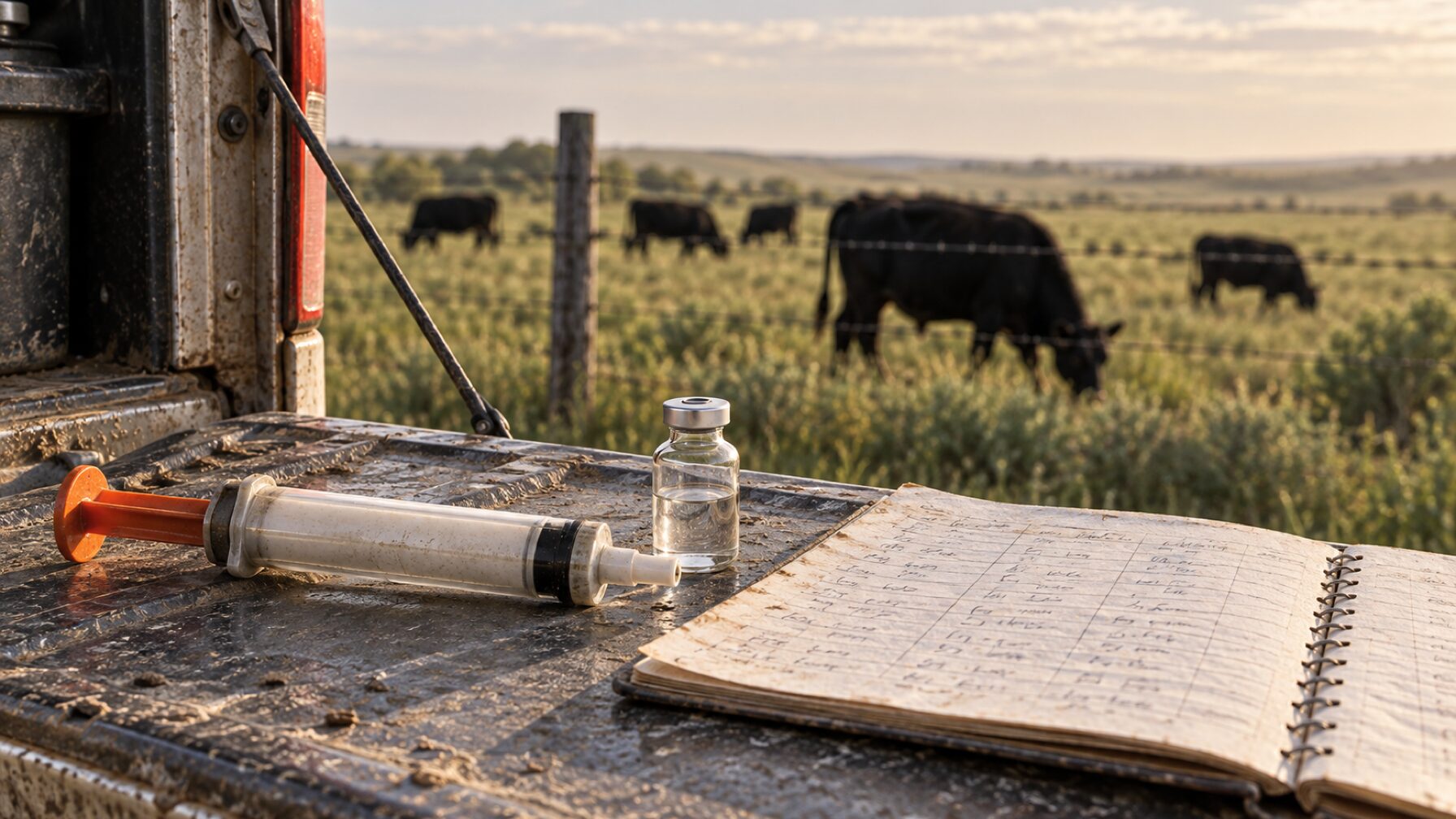 Cattle syringe and clear injection vial resting on a truck tailgate next to an open treatment-record notebook, with black steers grazing in soft focus behind a barbed-wire fence
